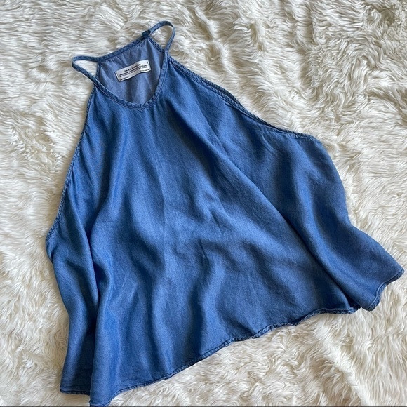 Zara Tank Top Premium Denim Collection Chambray Halter Cropped Flowy Blue S - Picture 2 of 8